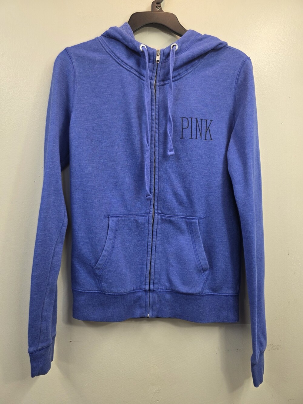 VS PINK VINTAGE FULL ZIP HOODIE SWEATSHIRT BLUE LEOPARD CHEETAH 86 LOGO RARE S
